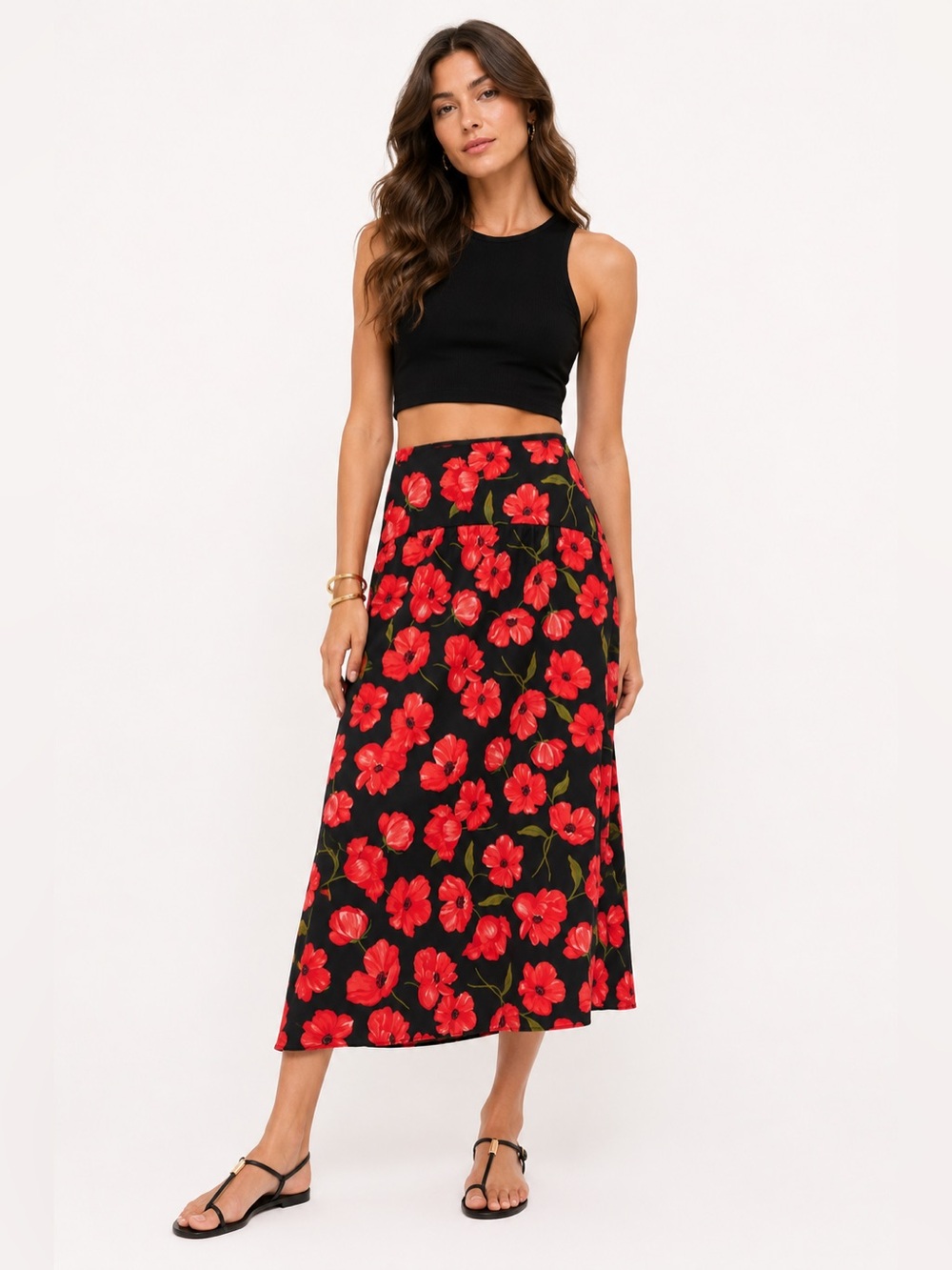 New MNG Mango Black Red Floral Poppy Midi Skirt High Waist‎ A-Line Size 6